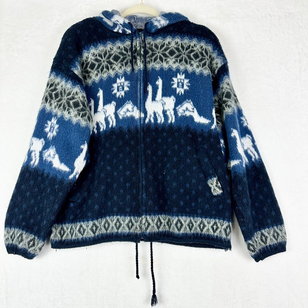 Tejidos Aly Marka VTG Full Zip Hooded Alpaca Wool Sweater Size Large Fair Isle